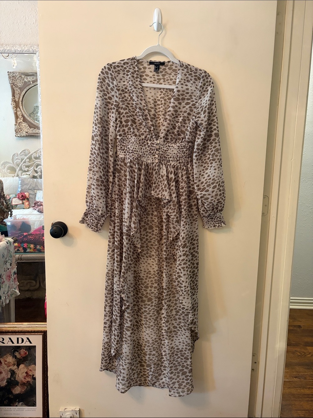 Womens Taupe Animal-Print Long Sleeve high low maxi top